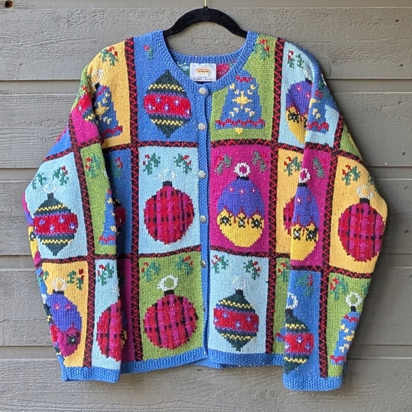 VTG 90s Talbots Handknit Wool Ornament Patchwork Holiday Cardigan Sweater Medium - Picture 1 of 8